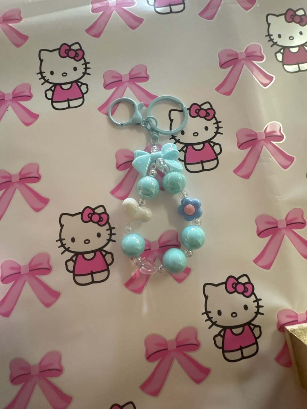 Kawaii Blue Beaded Keychain with Heart and Flower Charms